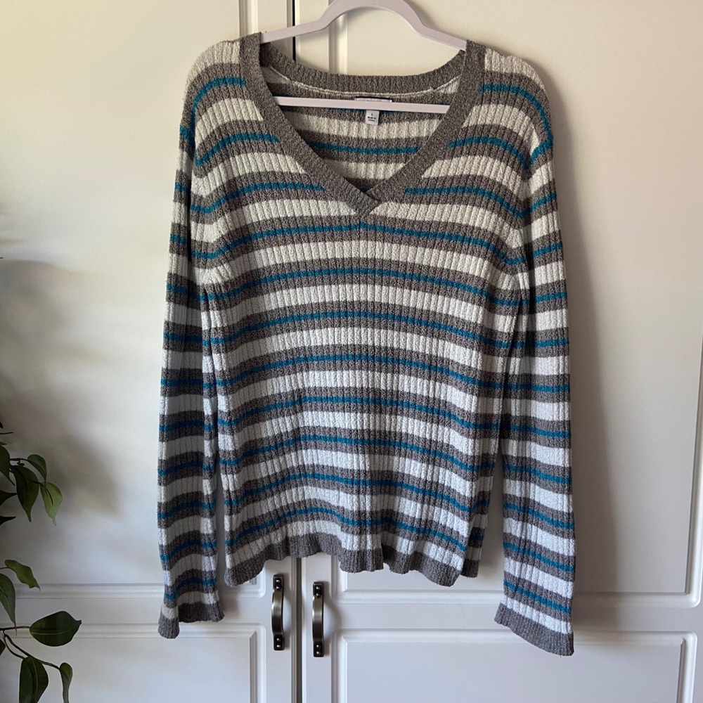 Croft & Barrow Womens Large Grey Teal White Striped V-Neck Chenille Knit Sweater
